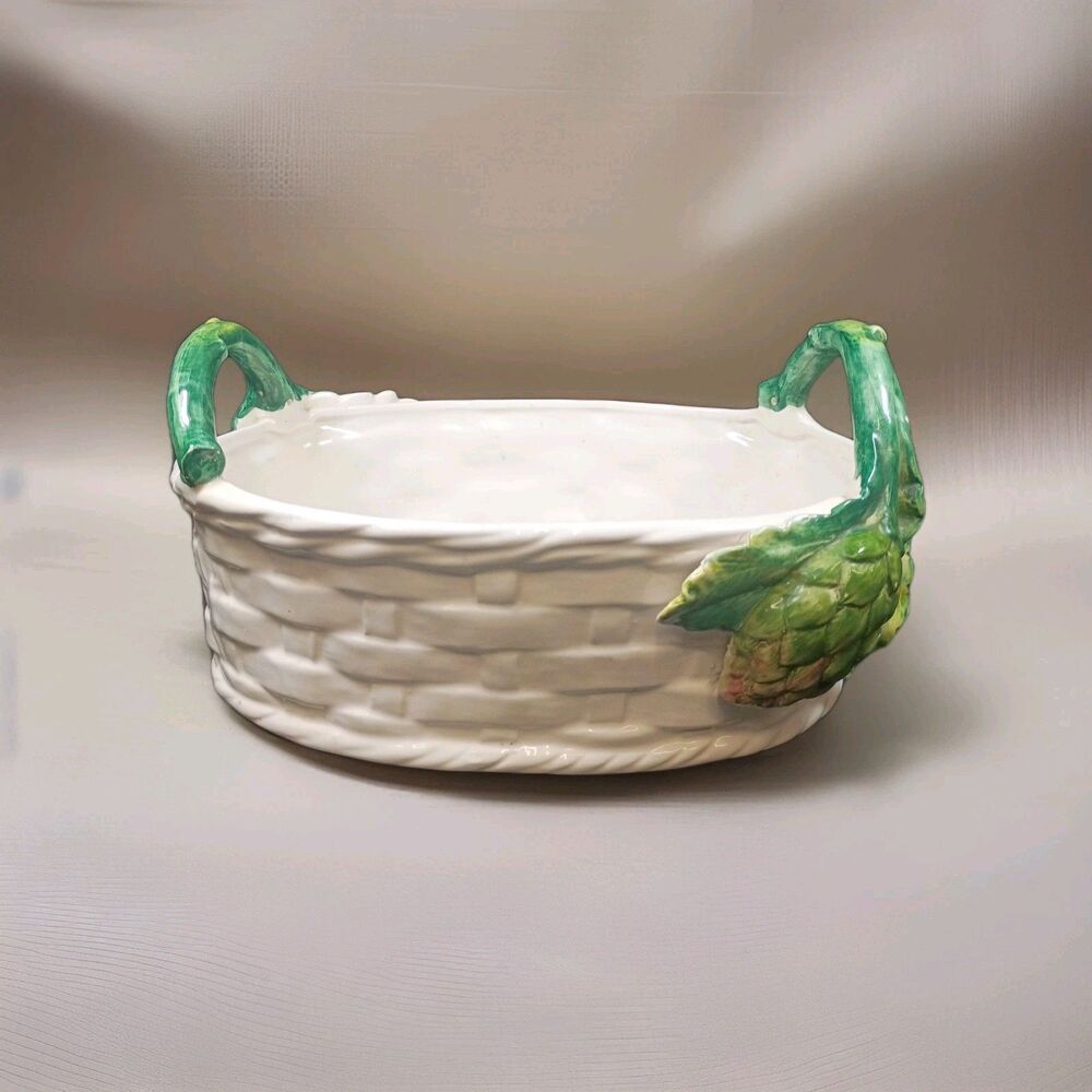 Vintage White Woven Ceramic Rectangle Basket Handmade Italian Glossy Heavy Decor